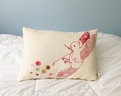Button Bird Pillow - screen printed and embroidered - Pink