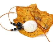Seashell Necklace on Leather Cord with Black Onyx Beads