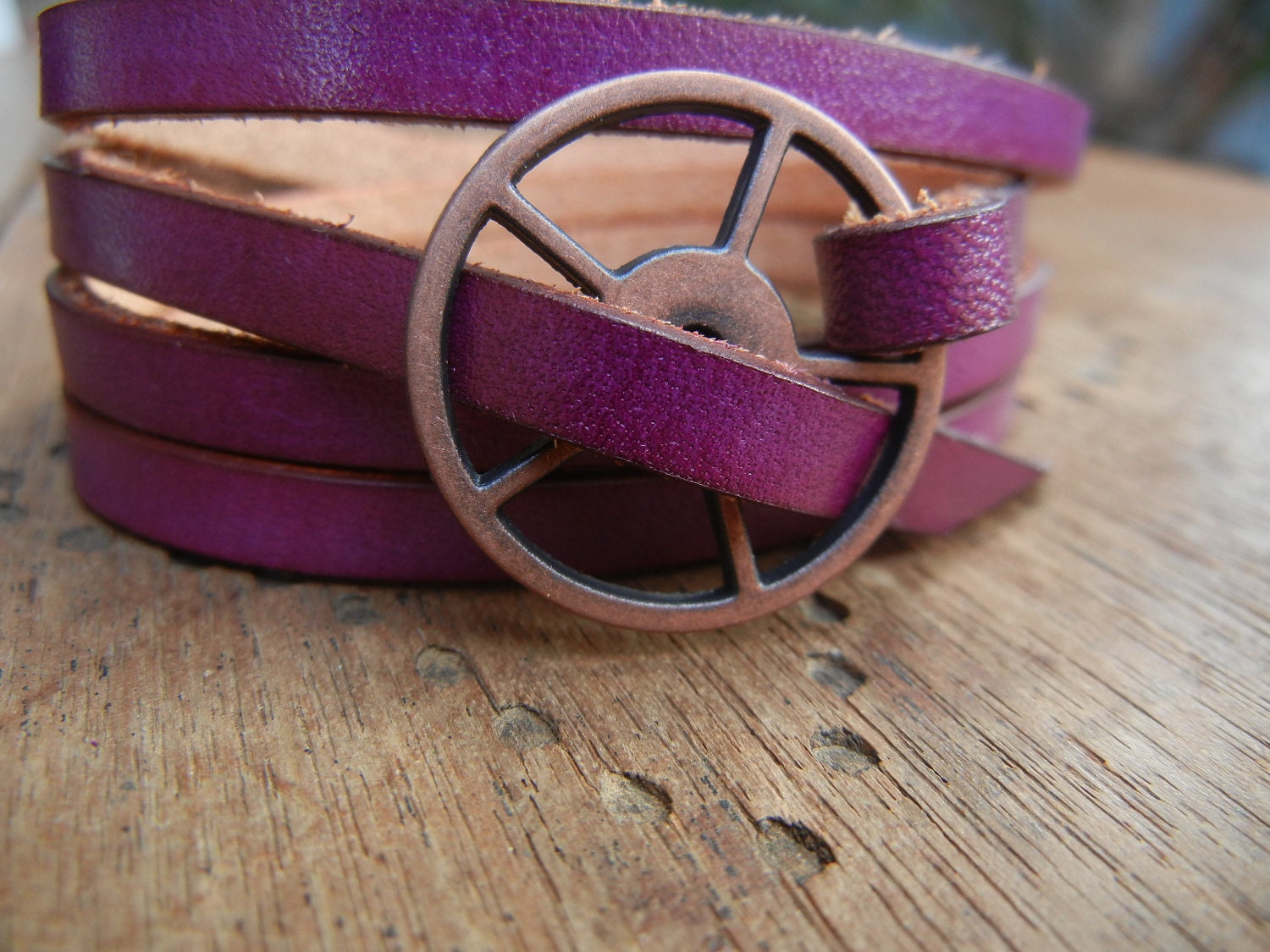 Leather Wrap Bracelet in Violet leather with Large Copper buckle