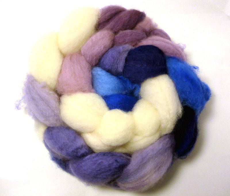 Handdyed Superwash BFL Wool Roving - Miranda - blue, purple, white