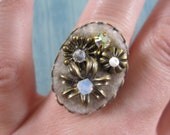 Vintage Plastic Flower Collage - Adjustable Ring - Brass Garden