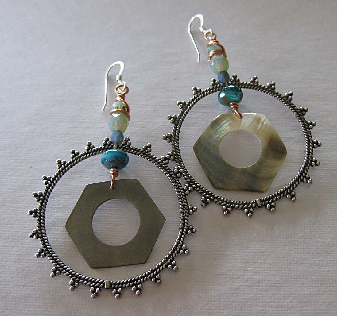 Bali Silver Large Hoops Shell Dangles Boho Earrings Summer Fashion Blue Glass Faceted Statement Jewelry