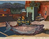 Original Linocut with Watercolor Figure Fish Chinook Salmon