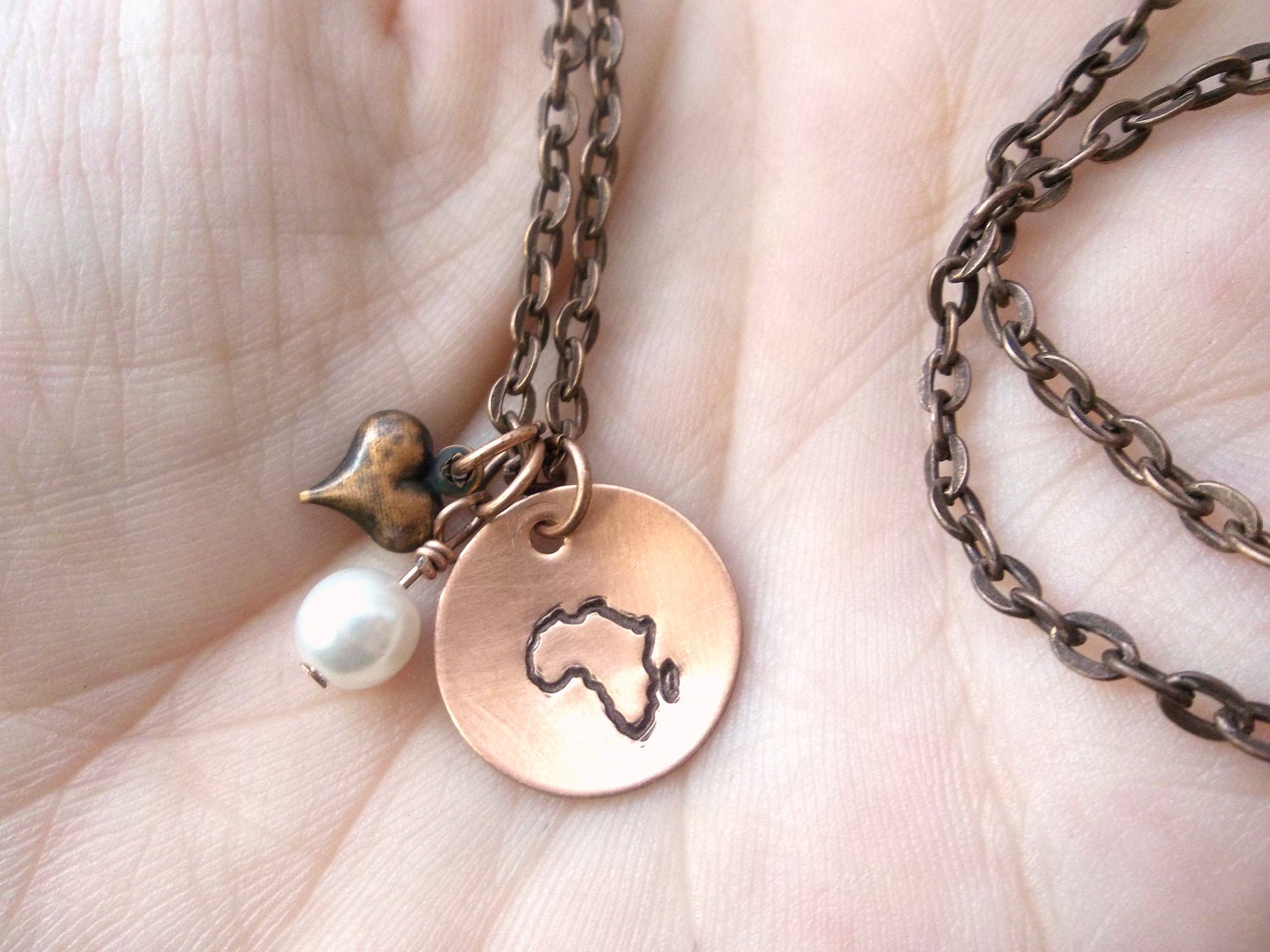 Custom Hand Stamped Copper AFRICAN ADOPTION Necklace with vintage pearl and copper heart charm