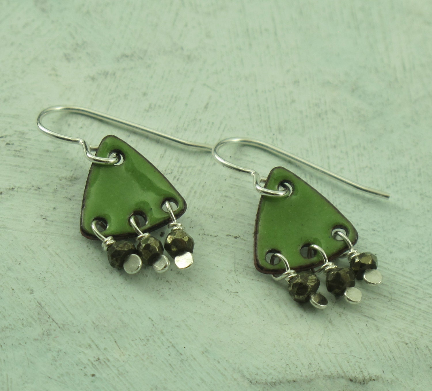 Green Dangle Earrings - glass enamel on copper with pyrite beads - by Kathryn Riechert