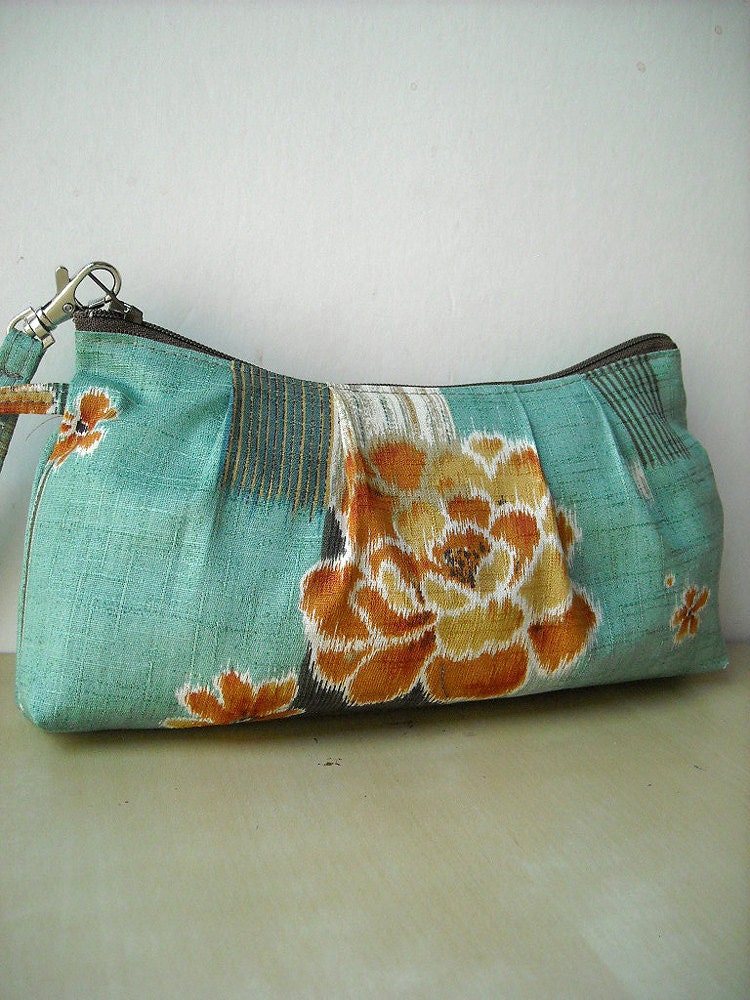 Orange Flower in Turquoise  - Zipper Pouch with Clip