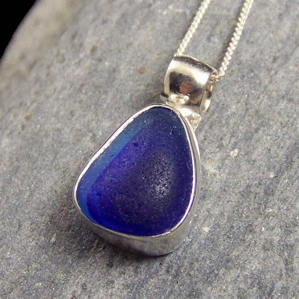 Genuine Cobalt Blue English Multi Sea Glass Pendant Bezel Set in Sterling Silver