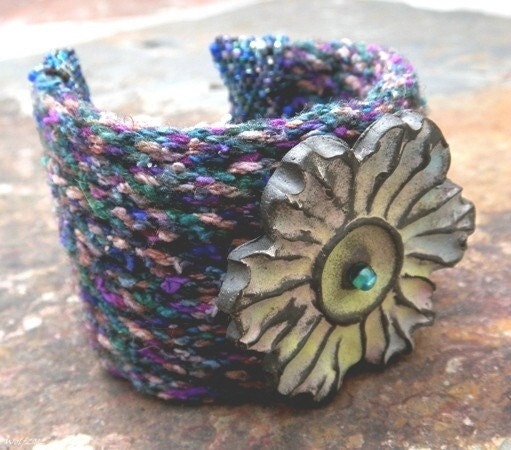 Il Fiore del Carnevale, handmade kumihimo cuff with beadwork and stoneware flower