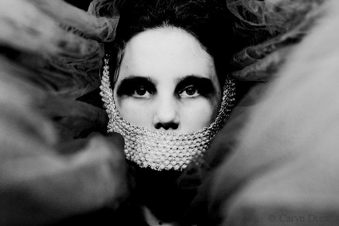 Clouded - FREE SHIPPING - Print Girl Pearls Gagged Fabric Smoke Fog Gray Black White Surreal Dark Eyes Photo Art