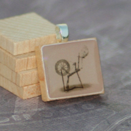 CLEARANCE - Scrabble Tile Pendant  - Tan Spinning Wheel