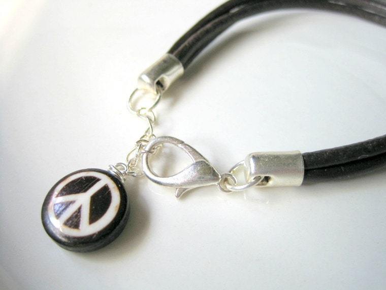 Brown Leather Peace Bracelet, Peace Sign Charm, Unisex, Chocolate Brown, Retro Style