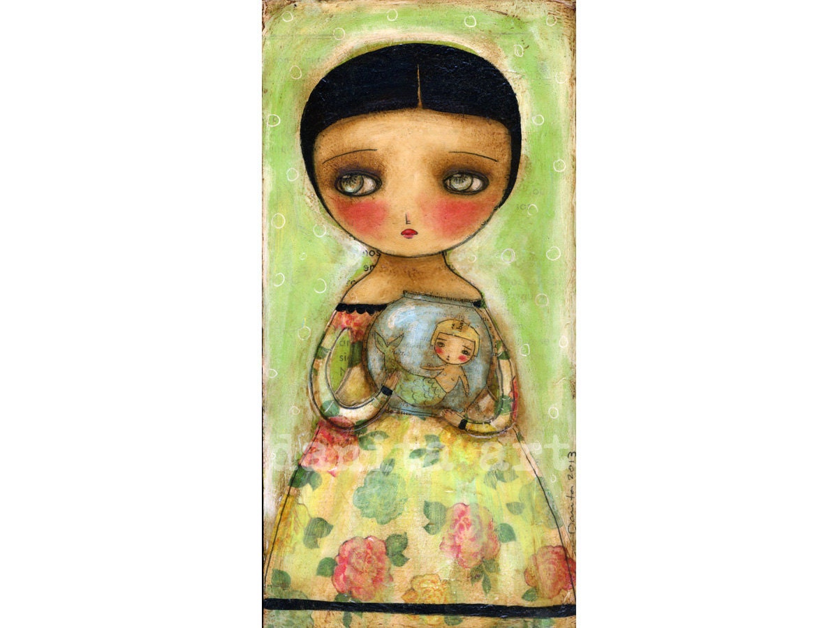 Mermaid In A Bowl  - Giclee Reproduction from Original Mixed Media Collage Painting By Danita Art - (5x10 INCHES Paper Print)
