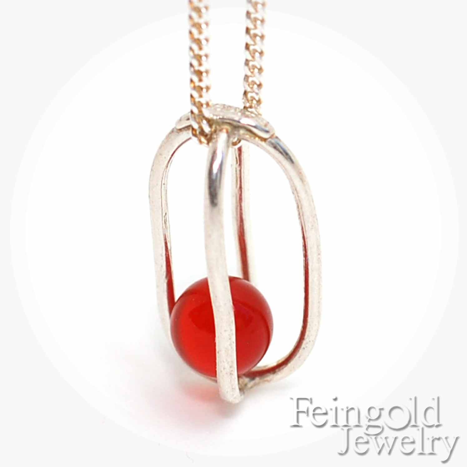 Gravity Collection: Sterling Silver Necklace with Floating Red Carnelian - Sterling Silver 18 Inch Chain- Free US Shipping