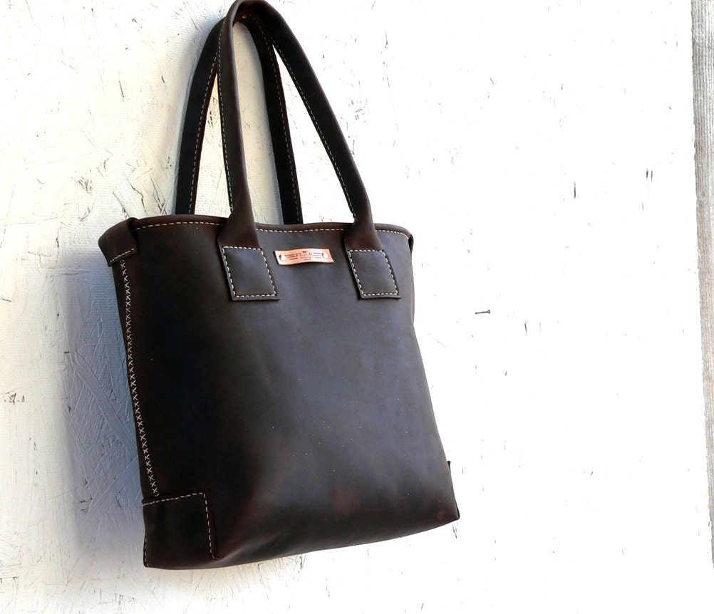 Rustic Hand Stitched Leather Tote Bag Hand sewn by Feral Empire