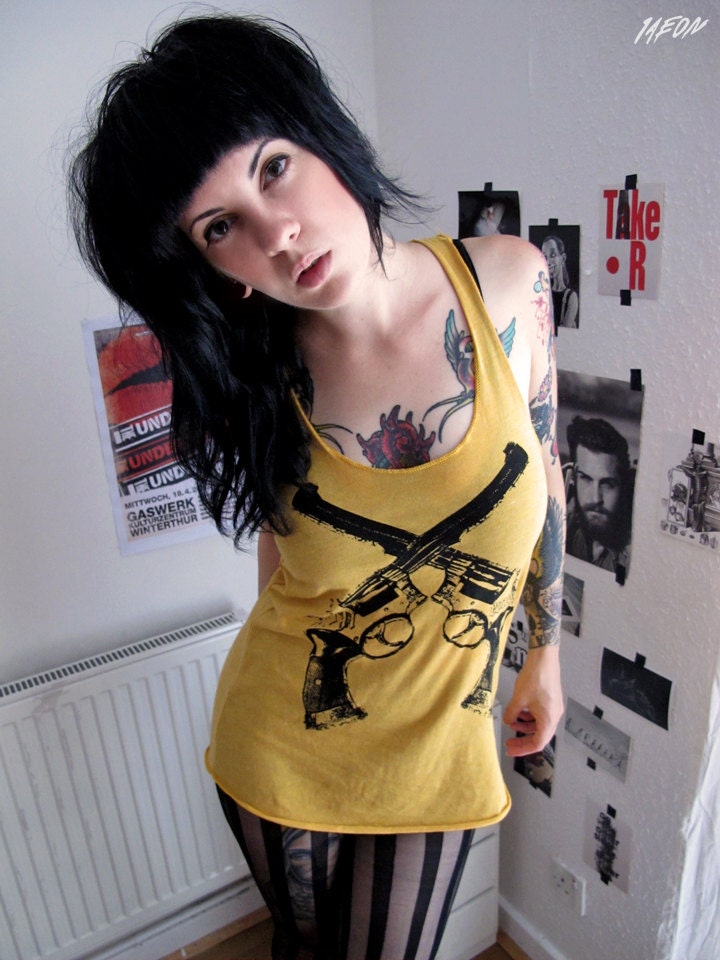 yellow tank, Racerback tank, yellow top, womens clothing tank, womens gun tank, 1AEON Soft women's yellow tank w black guns - size XL