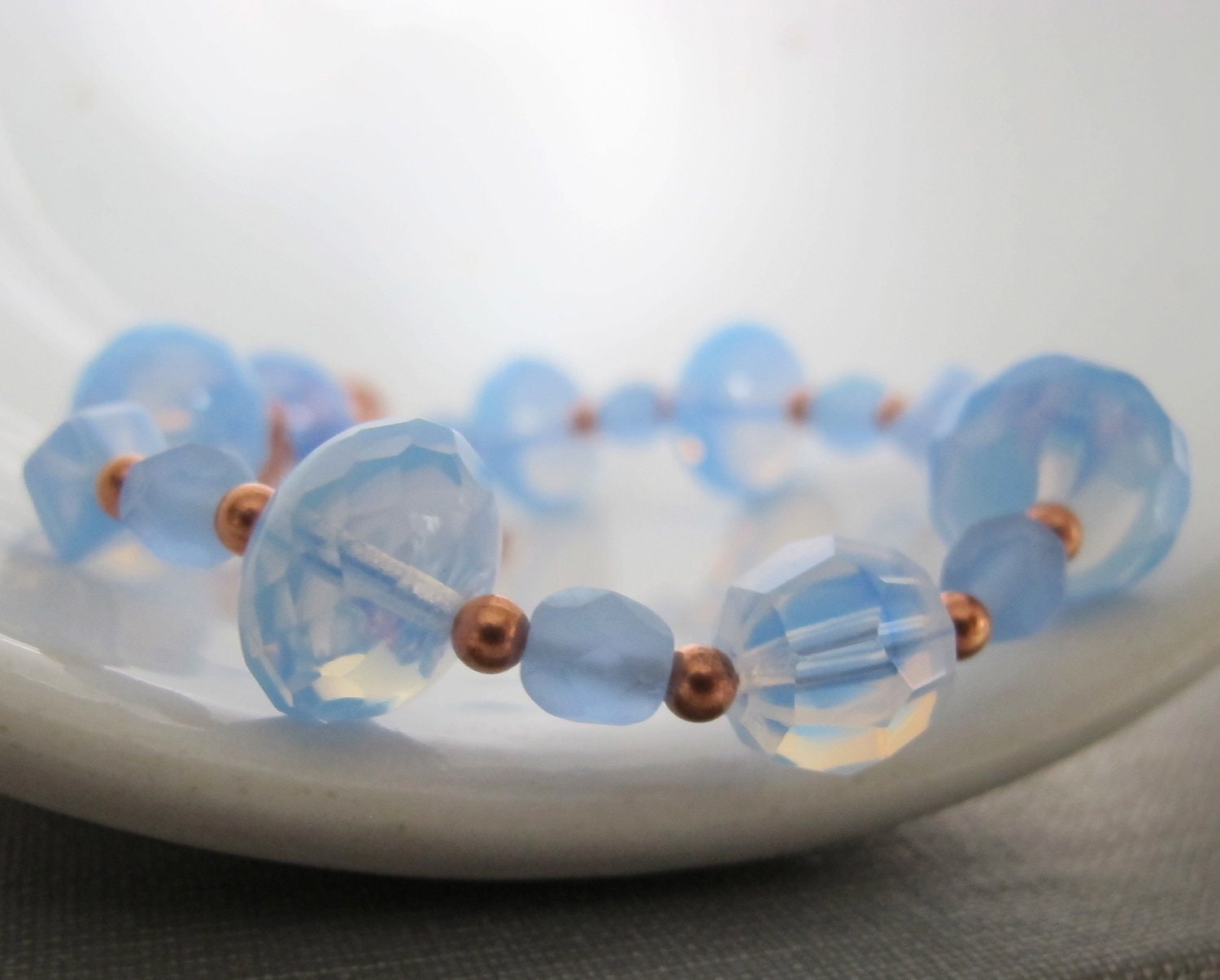Sky Blue Necklace, Copper Necklace, Copper Chain, Copper Jewelry, Frosted Blue, Sapphire Blue Glass, Beaded Necklace