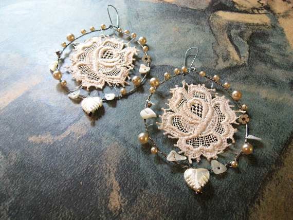 Pearly Lace Earrings, Antique Lace, Cream, Mother of Pearl, Hoops, Dangle - AllThingsPretty