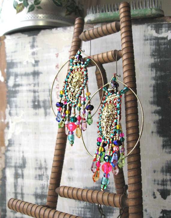 ON SALE - L'Artiste Earrings, Vintage Paisley Sequin Embroidery, Gold, Red, Blue, Green, Pink, Hoops, Bohemian Gypsy