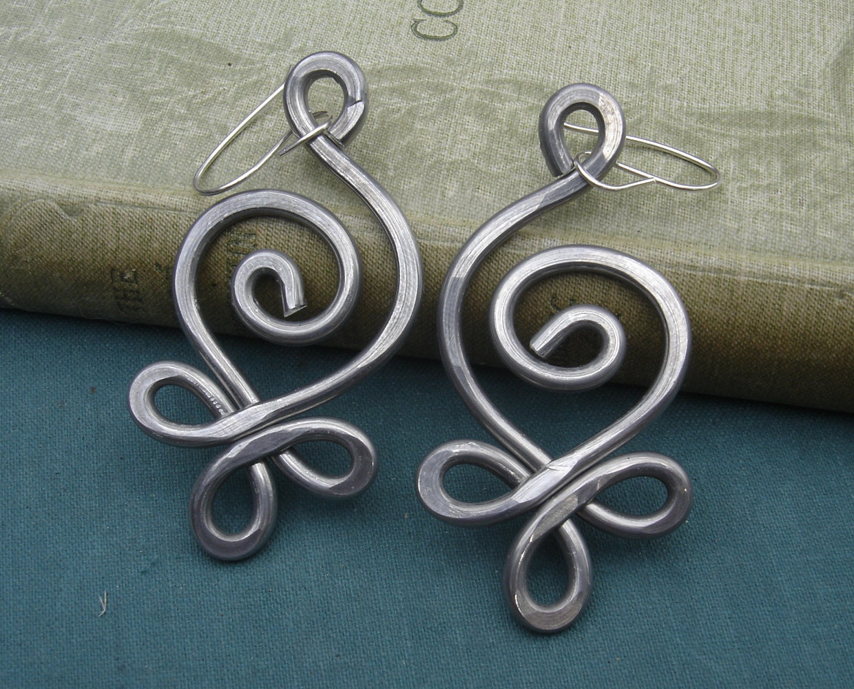 Unique BIG Earrings - Celtic Budding Spiral Swirl - Light Weight Hammered Aluminum Wire - Celtic Jewelry