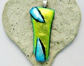 Fused Dichroic Glass Pendant -  Aqua on Green