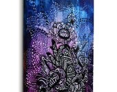 Original Lotus Henna Hand Screenprint and Painting on Canvas- 16 x 20 x .5