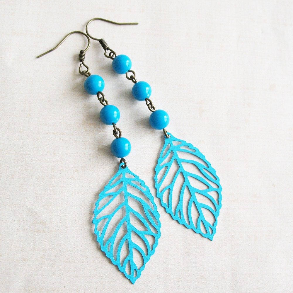 Turquoise Blue Leaf Dangle Earrings - Mayan Princess - Gifts Under 15.00