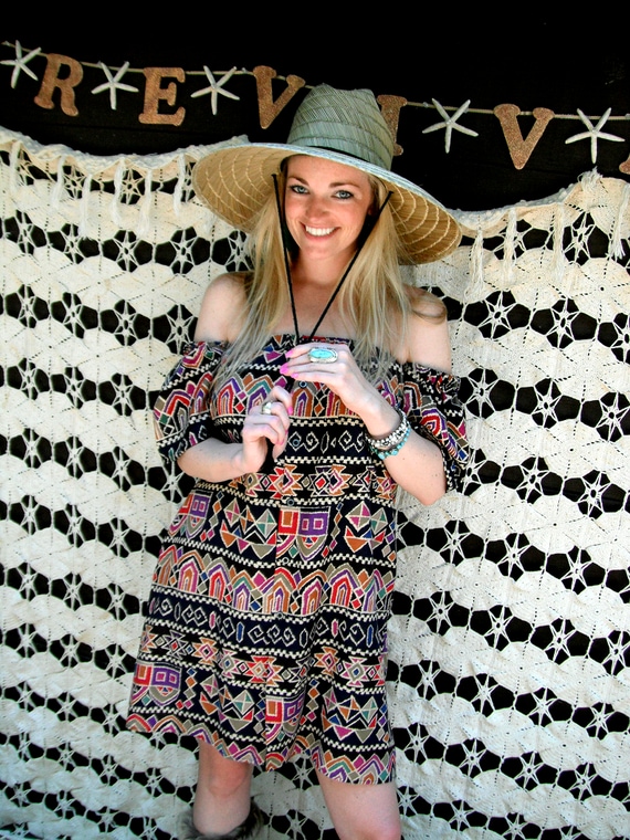 SALE--REVIVAL OOAK Upcycled Boho Top/Shirt/Dress, Off the Shoulder, Aztec, Small to Medium, Recycled, Repurposed, Eco Friendly Clothing