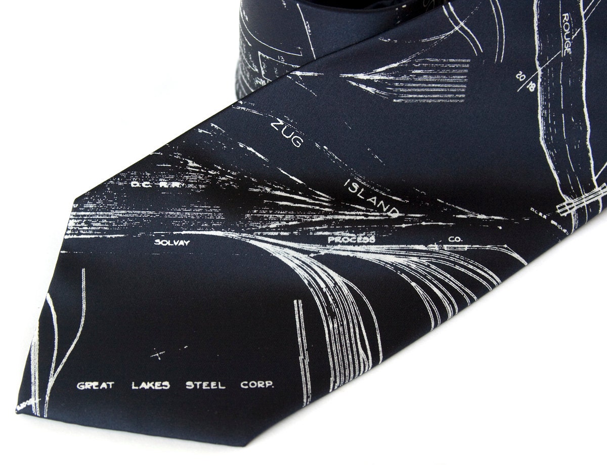 Map tie - Detroit, Michigan. River Rouge & Zug Island. Silkscreened necktie, white print. Microfiber. Choose standard or narrow.