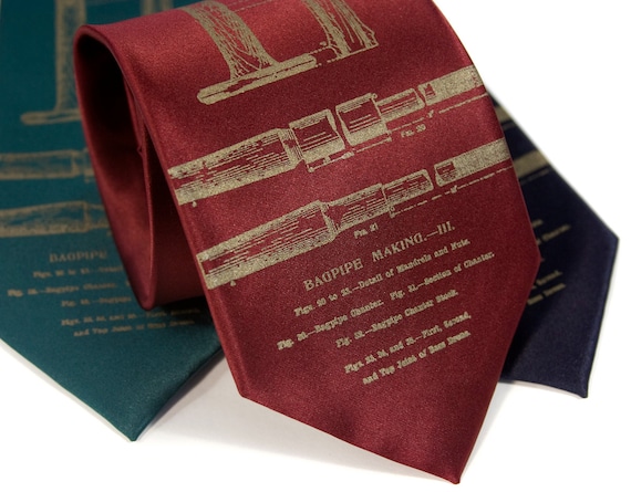 Bagpipes necktie. "11 Pipers Piping." Antique brass print. Your choice of microfiber tie colors. Extra long, standard or narrow width.