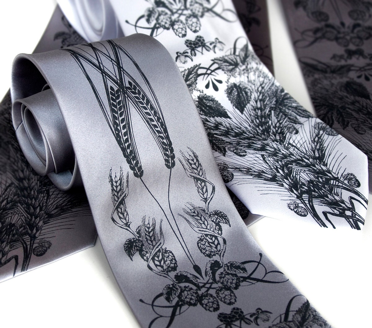 Beer necktie. Hops, barley and wheat. Men's SILK necktie. Dark gray screen print. Men's beer tie.