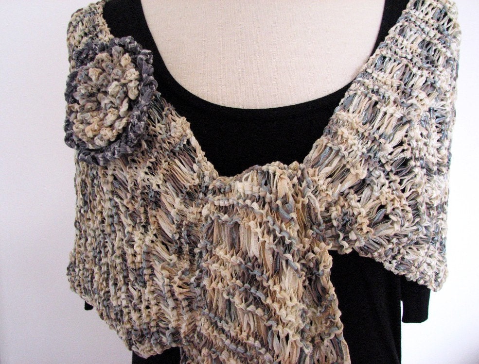 Hand knitted wrap, wide ribbon scarf, drop-stitch lacy shawl, beaded detachable crochet flower brooch, stone gray cream, Cornwall UK