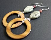 AUTUMN RINGS shell and gemstone hoop earrings.  Long hoop stone earrings.  Funky and unique jewelry.  Sterling silver.