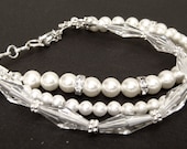 MIXED THREE STRAND swarovski crystal, pearl and sterling silver beaded bridal bracelet.  Cuff.  Wedding jewelry.