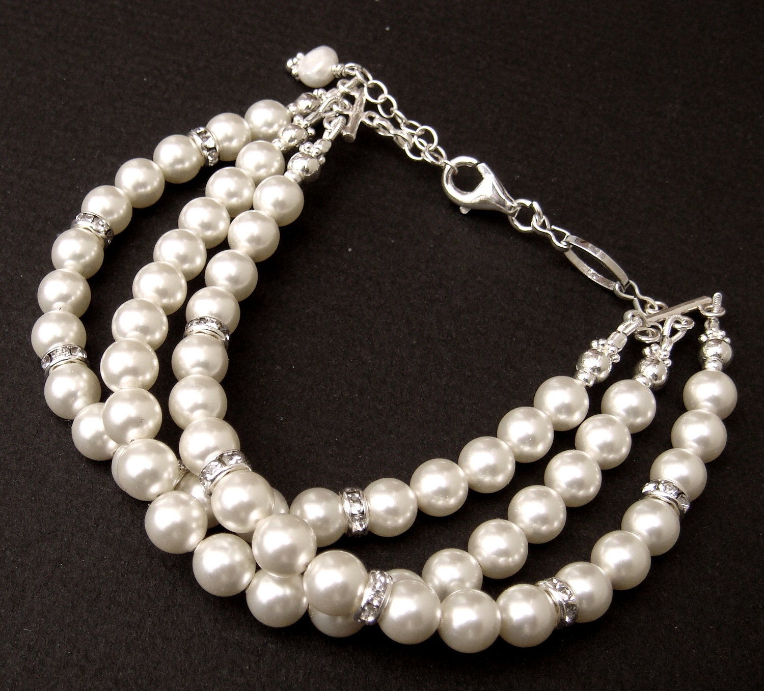 THREE STRAND swarovski crystal and pearl bridal cuff bracelet.  Vintage style.  Modern and unique wedding jewelry.