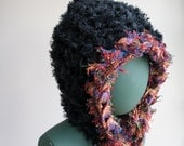 Sustainable Hat with Attached Scarf in Fuzzy Rainbow OOAK