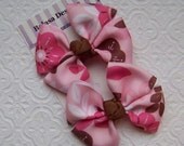 Boutique Pink and Brown Flowers Hair Bow Pair