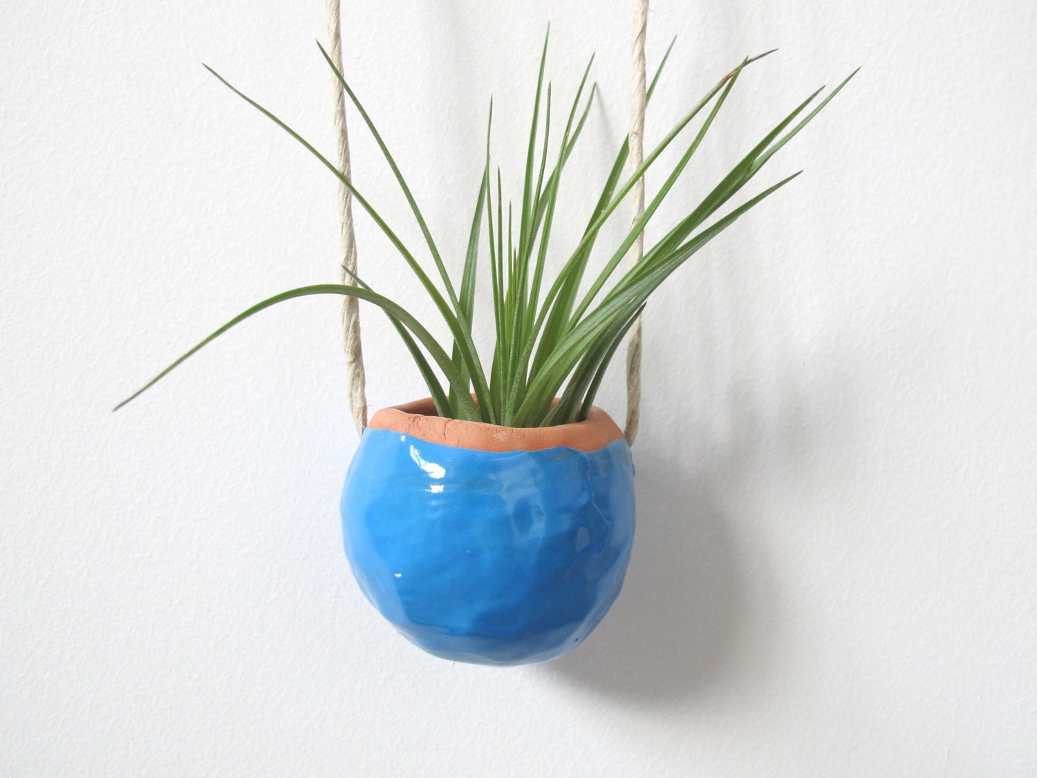 Bright Blue Terracotta clay hanging pinch pot - air plant included