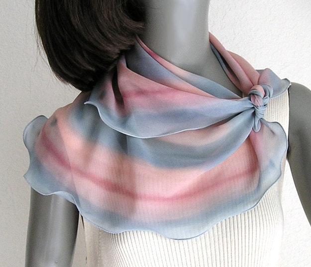 Gray Rose Pink Silk Neck Scarf Unique Hand Painted Chiffon, JOSSIANI.
