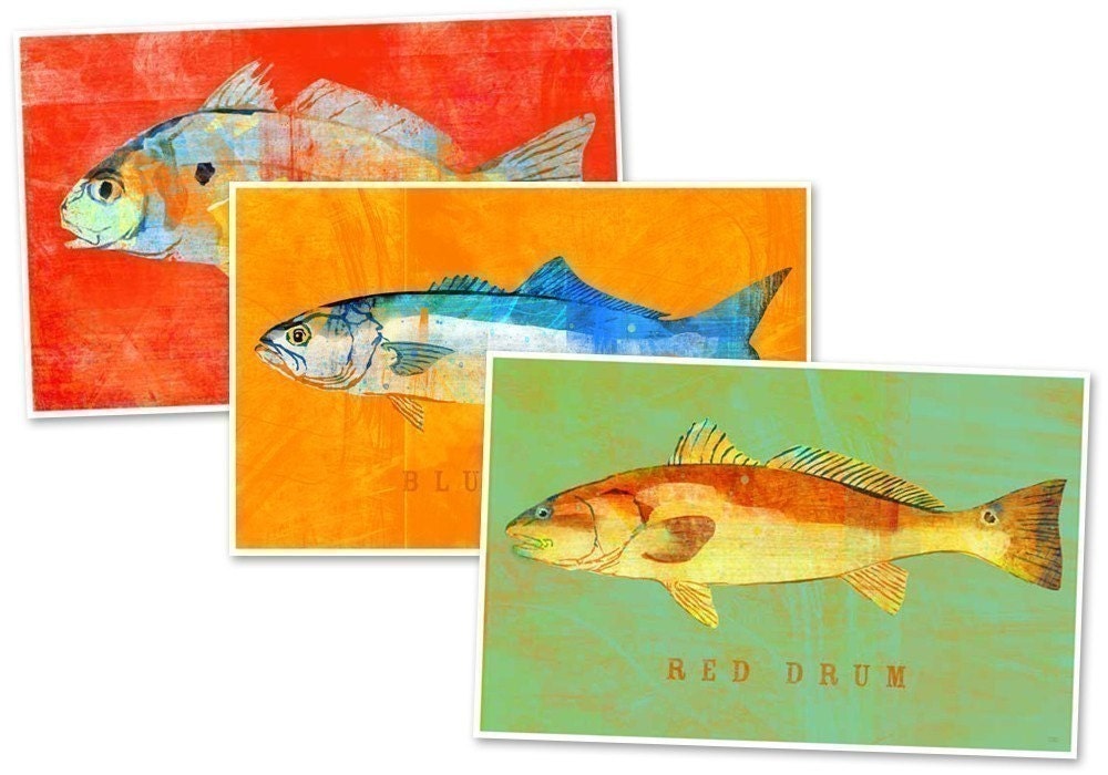 Fish Artwork- 3 Little Fishies- 3 Prints 4" x 6" Kids Fish Art- Fish Decor- Man Cave Art- Beach House Art- Fish Gifts