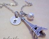 Sterling Silver Eiffel Tower Charm Necklace - Hand Stamped Initial - Birthstone - Travel Necklace