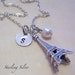 Sterling Silver Eiffel Tower Charm Necklace - Hand Stamped Initial - Birthstone - Travel Necklace