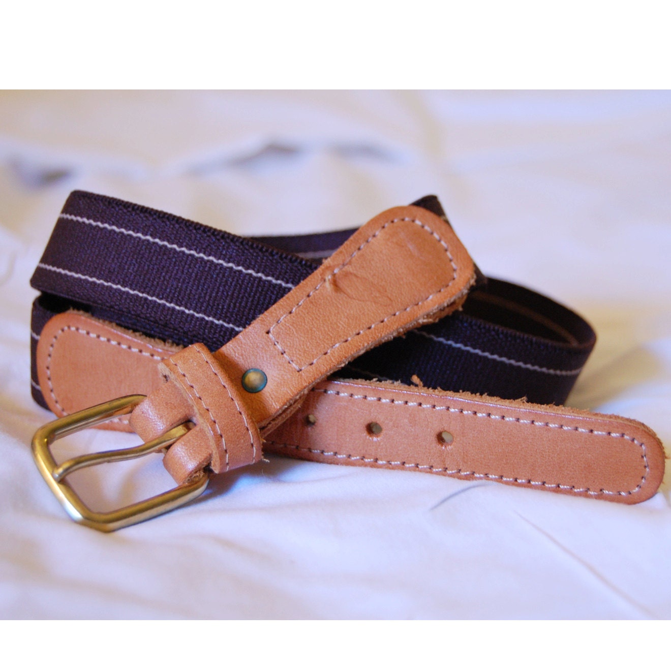 Vintage 1960s Belt / Brown Elastic and Leather Schooldays Belt / Skinny Belt (M-L) DEADSTOCK