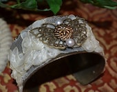ANTIQUE METAL LaCE CuFF BRACELET butterfly original altered art jewelry assemblage vintage button style