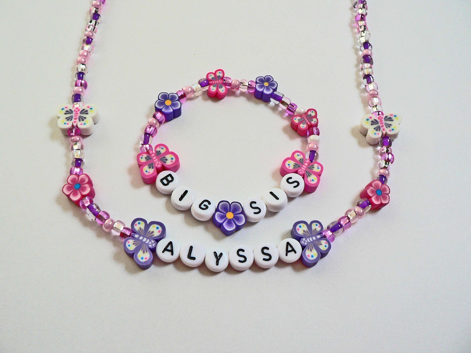 Pink and Purple Flowers & Butterflies Personalized Name Necklace and Bracelet Jewelry Set toddler preschool girls kids size Big Sister Gift