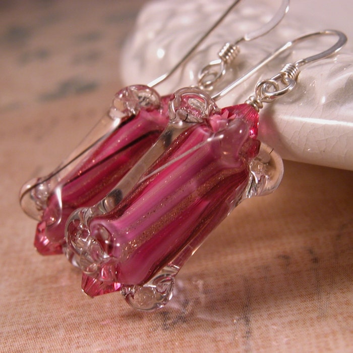 Rose furnace glass, Swarovski crystals sterling earrings