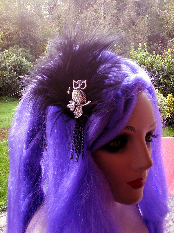 OWL charm sexy FASCINATOR with black FEATHERS / new hair clip handmade by You bad Girl indie fashion Poe emo cute rockabilly gothic vixen
