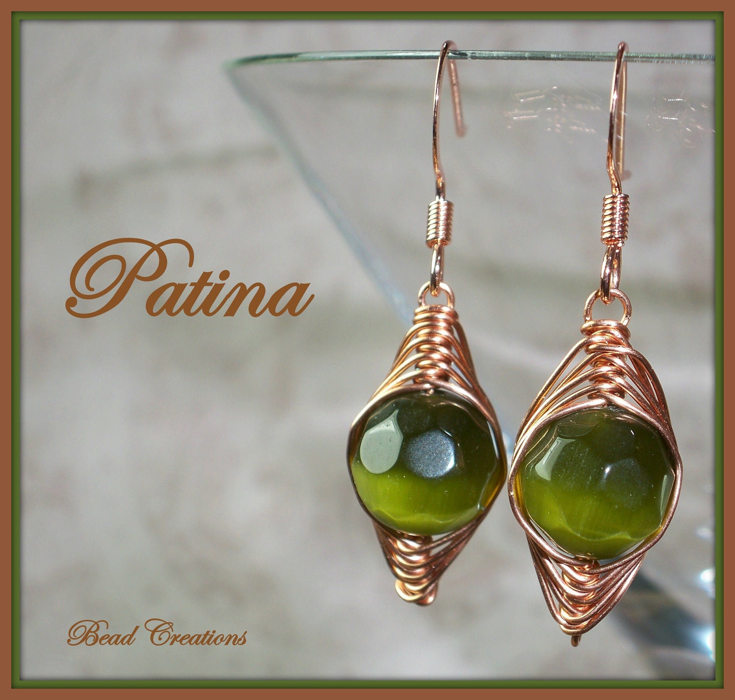 Copper Green Earrings Wire Wrapped Olive Fiber Optic Faceted PATINA