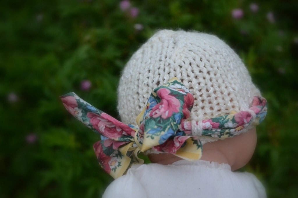 RTS Newborn Cloche Baby Girl Hat Photo PRoP KNiT Shabby Chic Butterfly Beanie Cotton Mix Ivory w Yellow Pink Floral Ribbon Bow