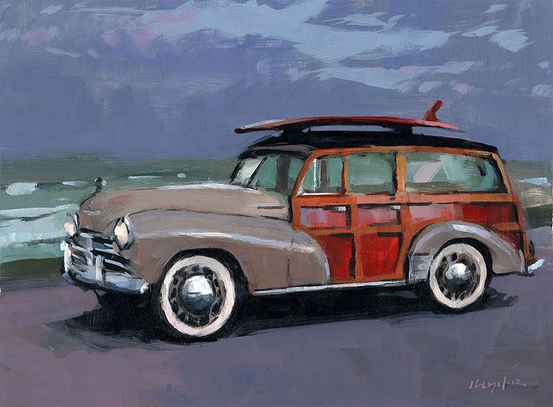 Art Print Chevy Woodie Vintage Retro Beach Surf 9x12 on 11x14 - Chevy Woodie by David Lloyd