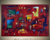 Original Painting HUGE RED Abstract Modern Art Jazz Painting - City at Night - The NIGHTCLUB 54x36 Contemporary Art by BenWill